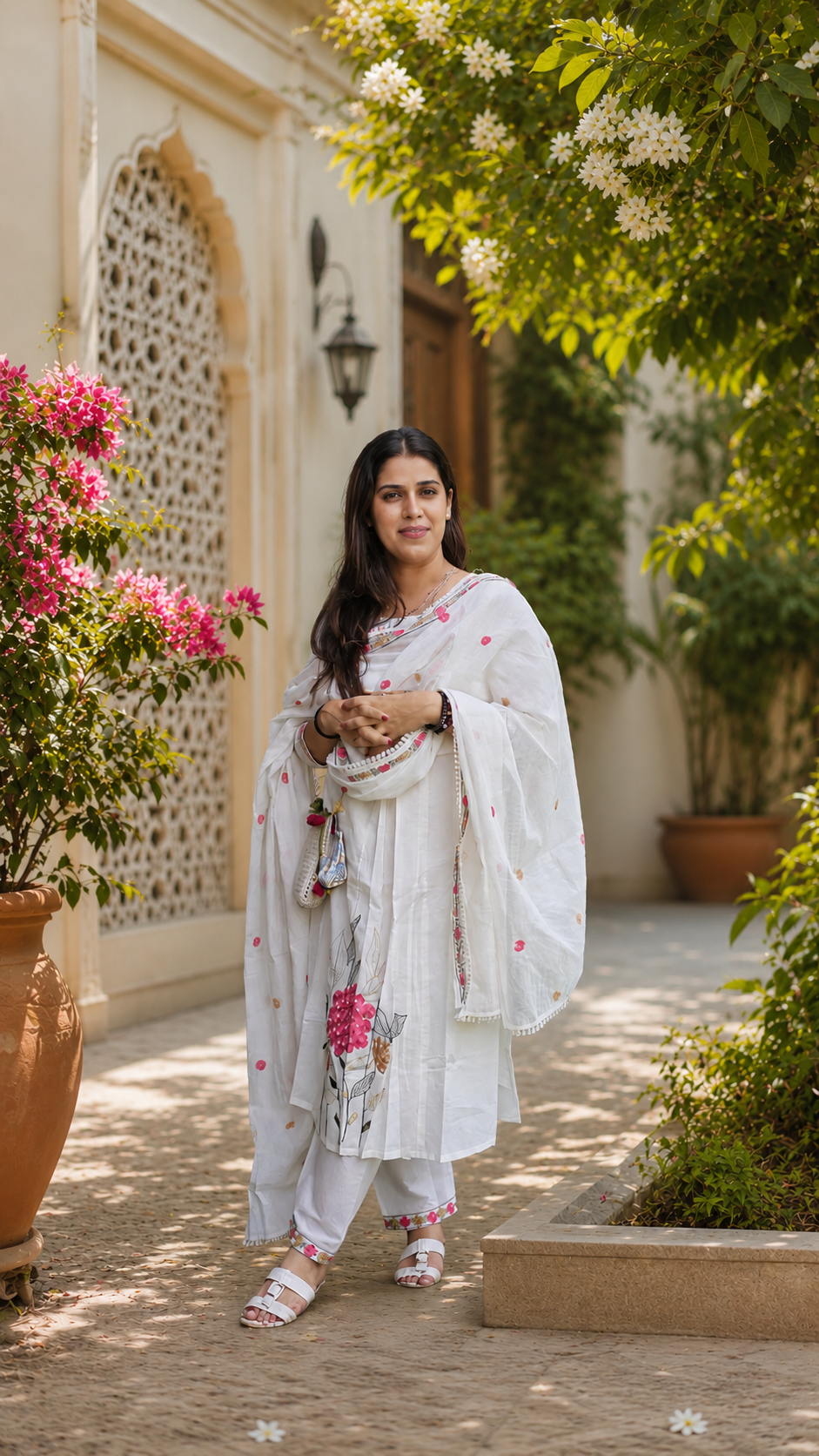 A woman stands outdoors in a courtyard wearing a white traditional outfit with pink floral embroidery and a matching dupatta. The setting features beige walls, a carved archway, potted pink flowers, and green foliage.