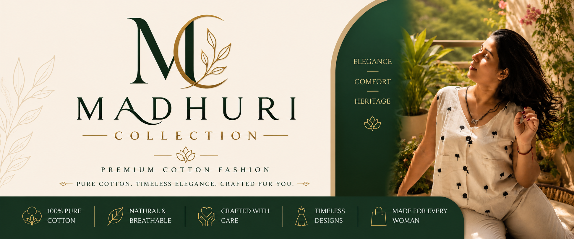 Madhuri Collection premium cotton fashion banner featuring a woman in a white sleeveless top with black polka dots, set against a split cream and dark green background with product features and a large 'MC' logo.