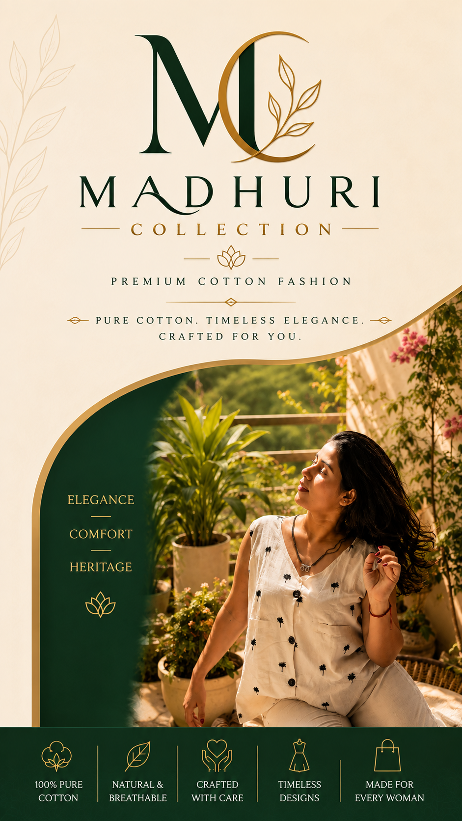 Madhuri Collection premium cotton fashion banner featuring a woman in a white embroidered top and beige pants in an outdoor garden setting, with a beige and dark green graphic layout and the brand logo 'MC Madhuri Collection' at the top.
